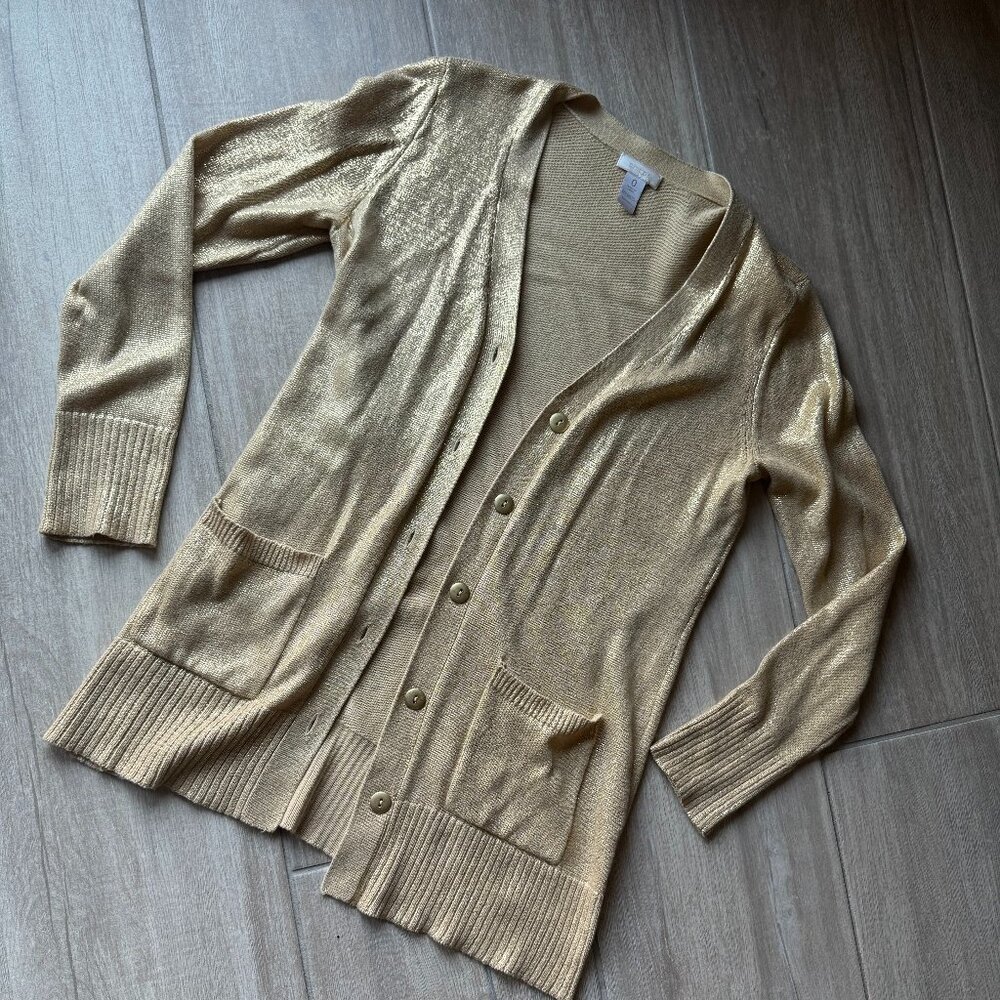 Chico's Gold Metallic Knit Cardigan with Pockets - Chico's Size 0 (Small)